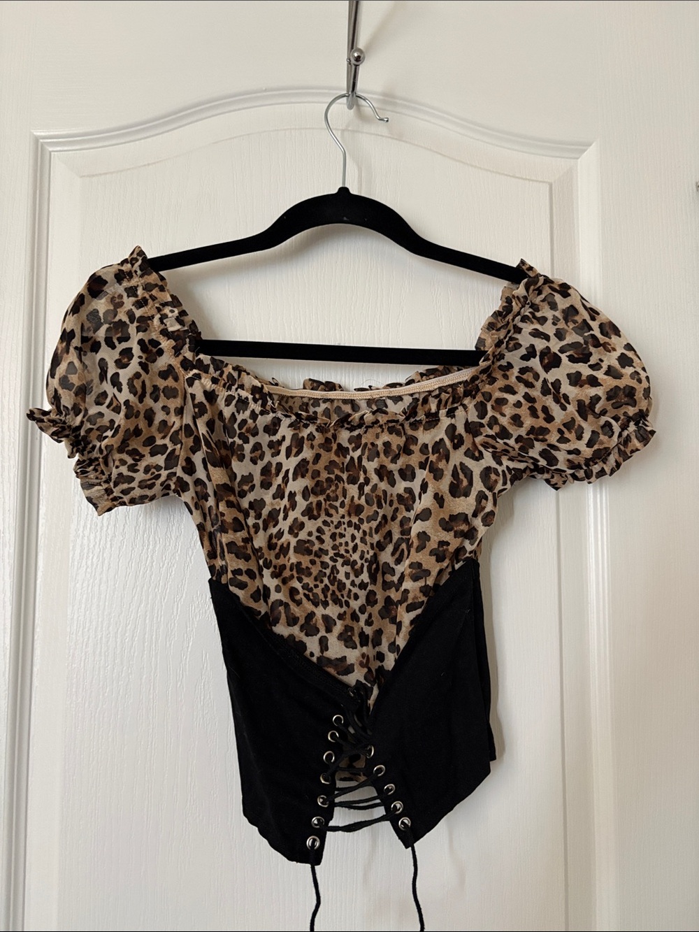 Leopard Print Puff-Sleeve Corset Crop Top - Brown/Black